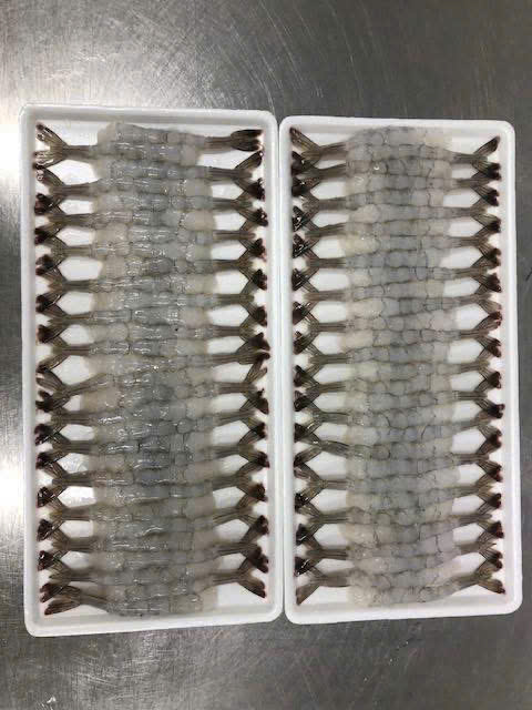 Raw butterfly shrimp on trays